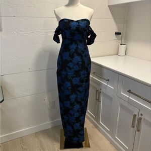 Lulus Strapless Blue Floral Maxi Gown | Off Shoulder Evening Dress Size Small